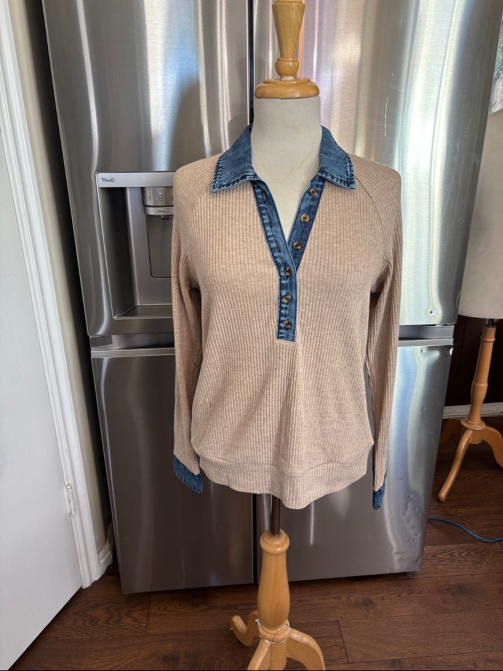 Women's Beige Ribbed Pullover with Denim Trim Collar